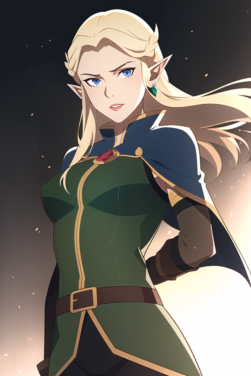 3978522348-420976071-vox machina style,1girl, arm behind back, armor, belt, between breasts, blonde hair, blue eyes, breasts, brooch, brown cape, cap.png